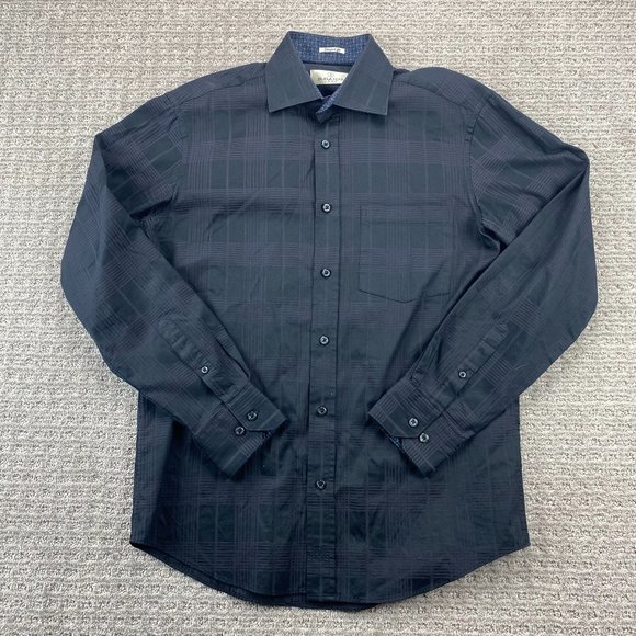 BUGATCHI UOMO Shirt Men Medium M Black Plaid Button Up Long Sleeve Shaped Fit - Picture 1 of 8
